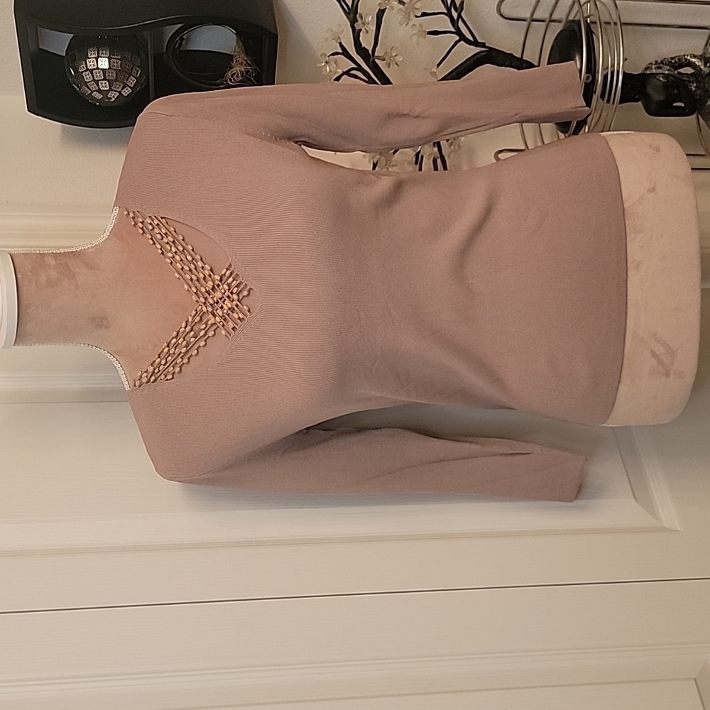 Finity Taupe V Neck Top with Wood Beaded Embellishment at Neckline, Size M.